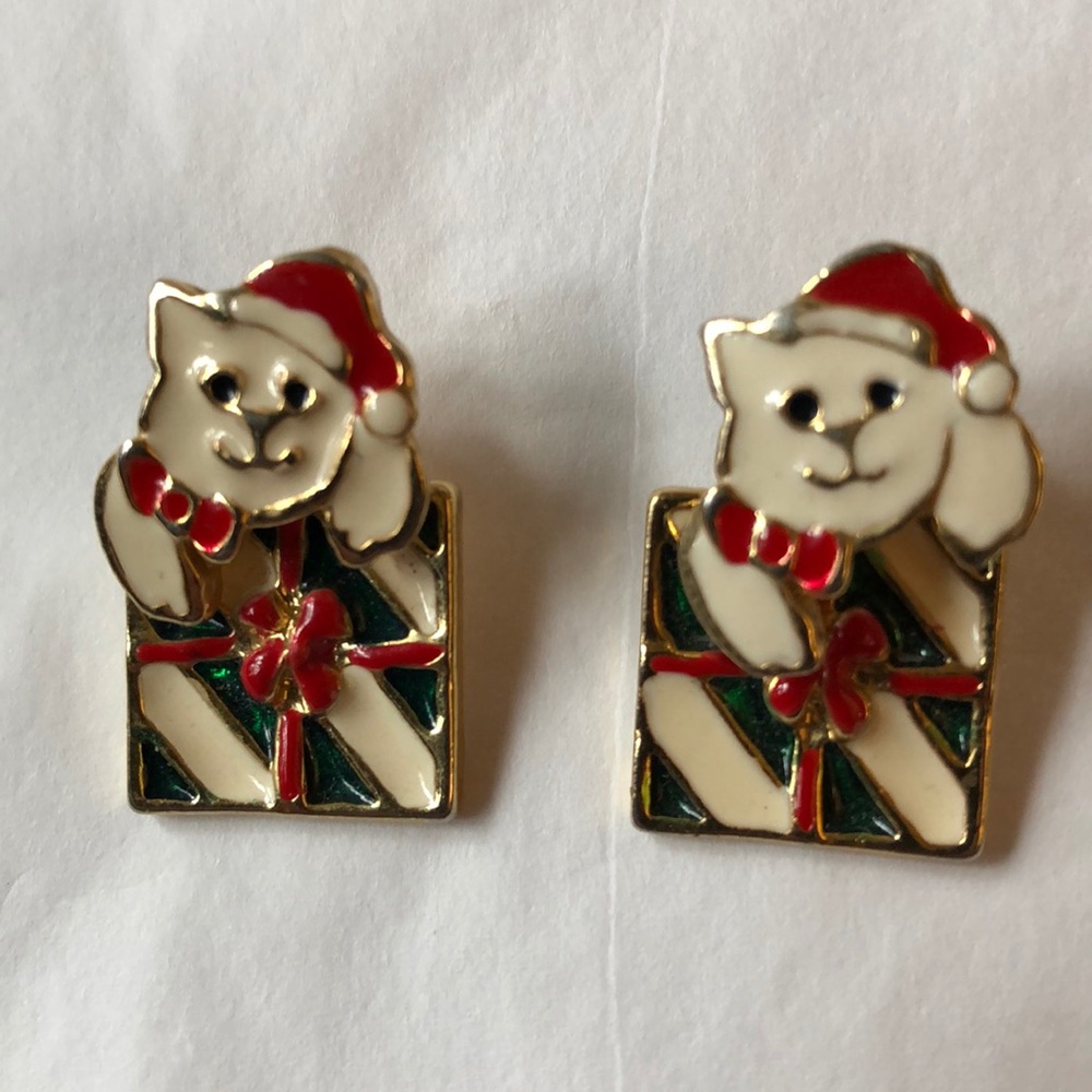 Vintage Christmas Holiday Earrings Cat Gift Box